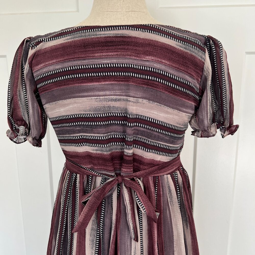 Boho Beaded Striped V-Neck Empire Waist Midi Dress M Burgundy Mauve Puff Sleeve - Picture 9 of 9